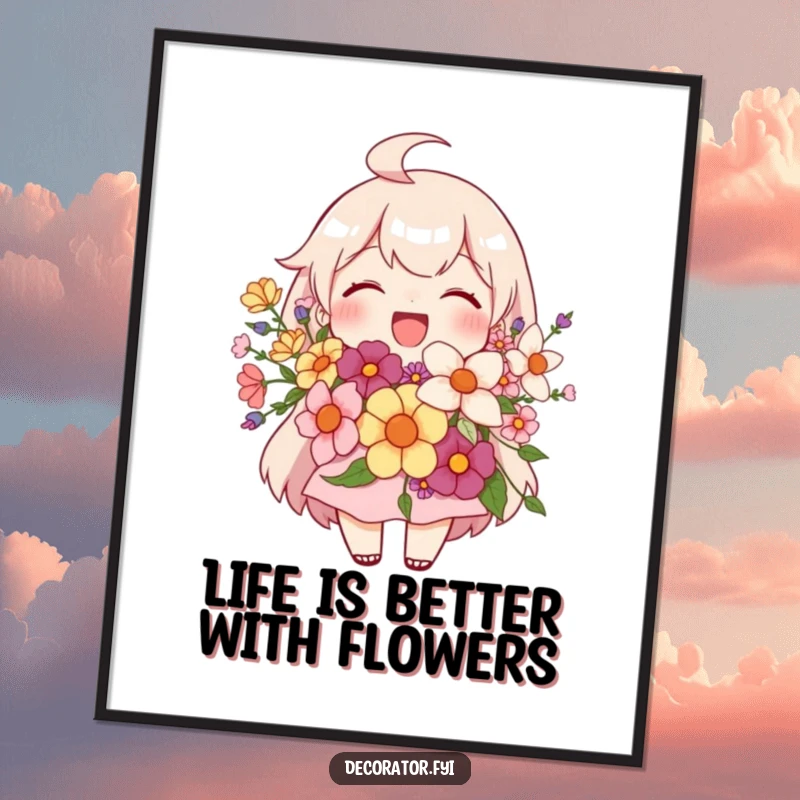 Free Printable Wall Art: Joyful character proudly displaying a perfectly crafted, vibrant floral arrangement.