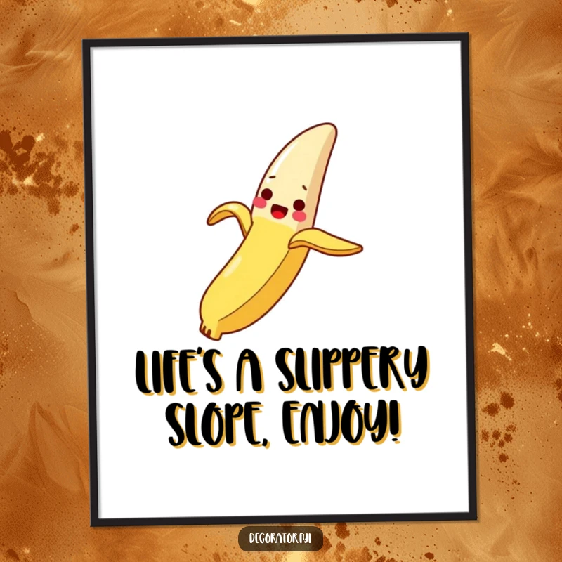 Funny free printable wall art of a banana peel elegantly sliding down a slippery breadstick, a surreal and comical scene.
