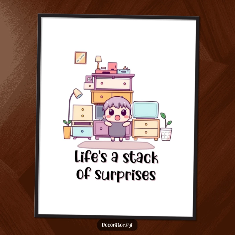 Funny Free Printable Wall Art: A character stares in utter surprise at a perfectly stacked tower of furniture, creating a humorous scene.
