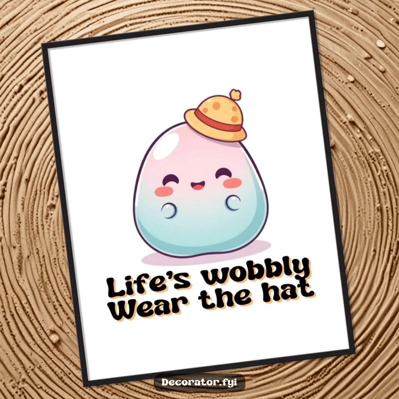 Funny Free Printable Wall Art: A blob of jelly comically tries to wear a tiny hat that won't stay put.