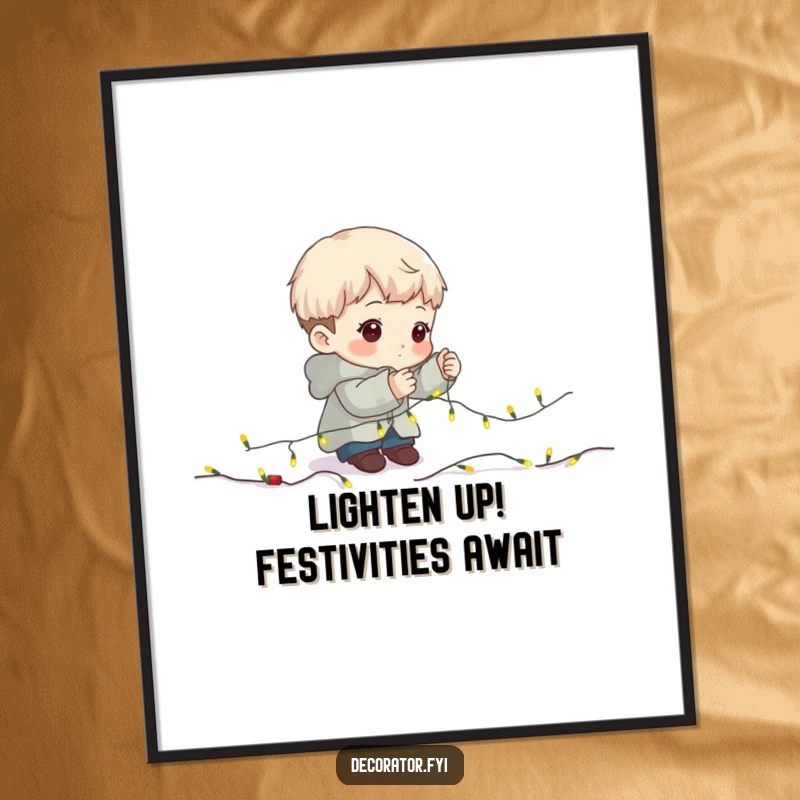 Funny Free Printable Wall Art: A character with intense focus carefully adorning a garland with delicate, glowing fairy lights.