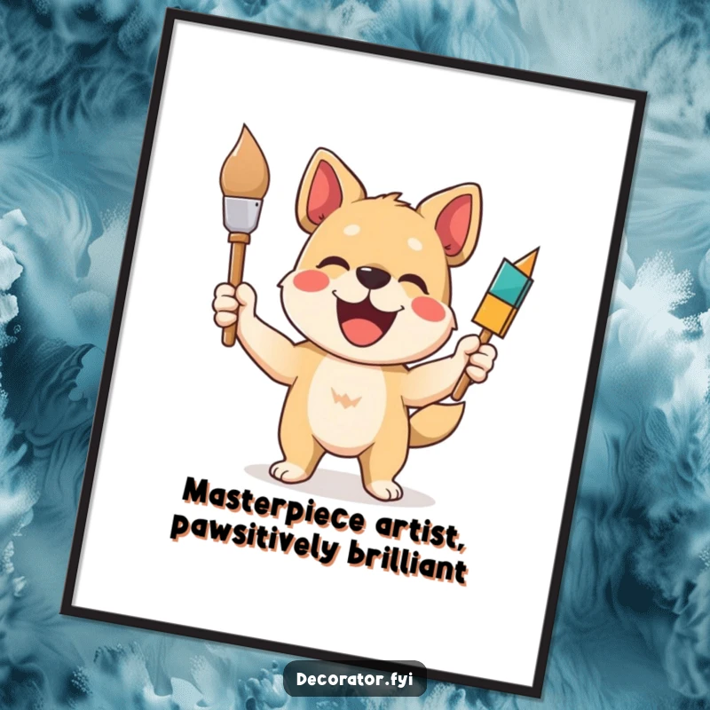 Funny Free Printable Wall Art: A delighted dog artist proudly displays a paintbrush after creating a masterpiece.