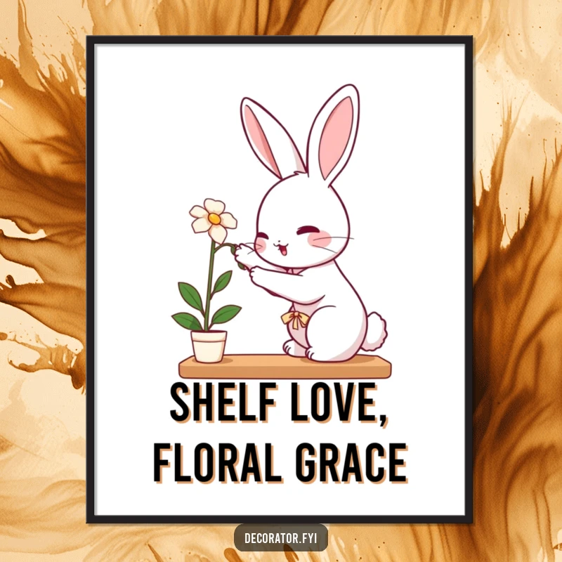 Funny Free Printable Wall Art: Perky rabbit carefully placing a delicate flower on a shelf, a sweet and humorous piece for decor.