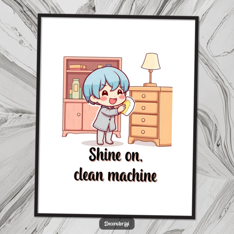 Funny Free Printable Wall Art: A content character happily polishing a piece of furniture, radiating peaceful joy. Relaxing decor.