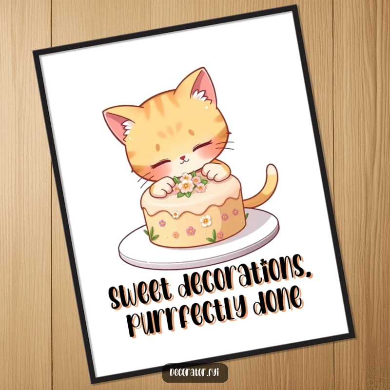 Funny Free Printable Wall Art: Curious cat decorating a small cake with tiny flowers, humorous downloadable art.