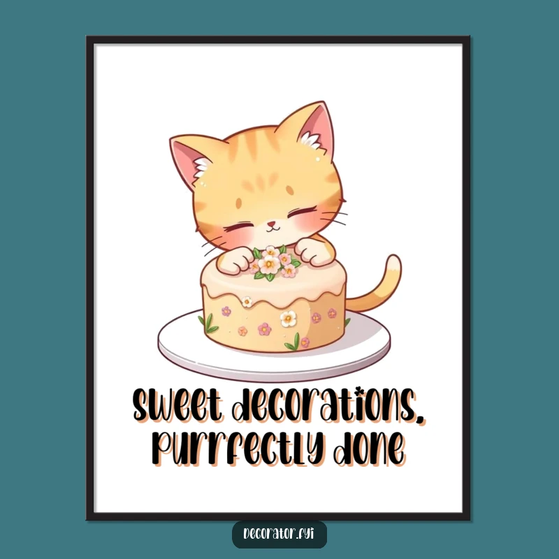 Funny Free Printable Wall Art: Cat Decorating Cake, Humorous Downloadable Decor