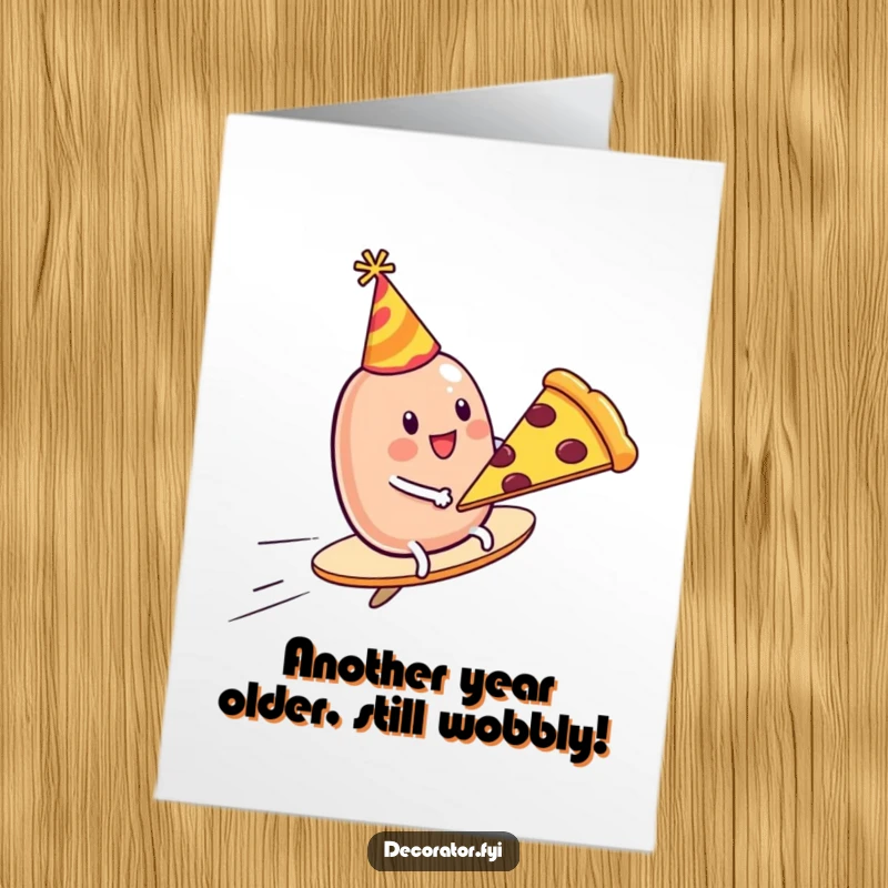 Funny free printable birthday card with a wobbly jelly bean in a party hat riding a flying pizza slice, ready to party.