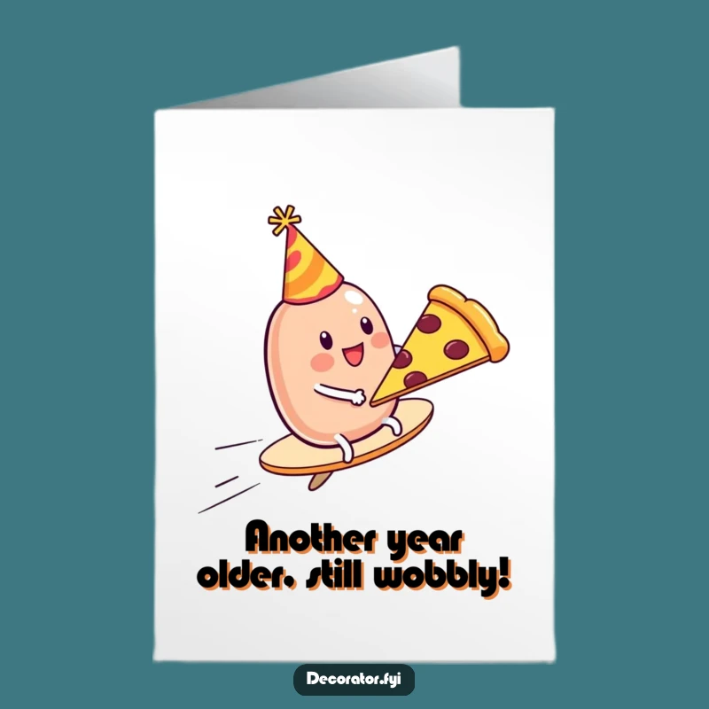 Free Printable Birthday Card: Wobbly Jelly Bean on Pizza Rocket! Funny Downloadable Gift