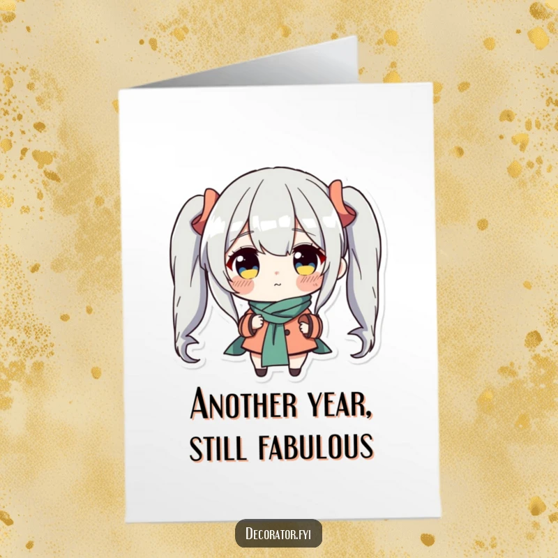 Funny Free Printable Birthday Card: Determined character meticulously places a small decorative accent piece, adding sophisticated humor.