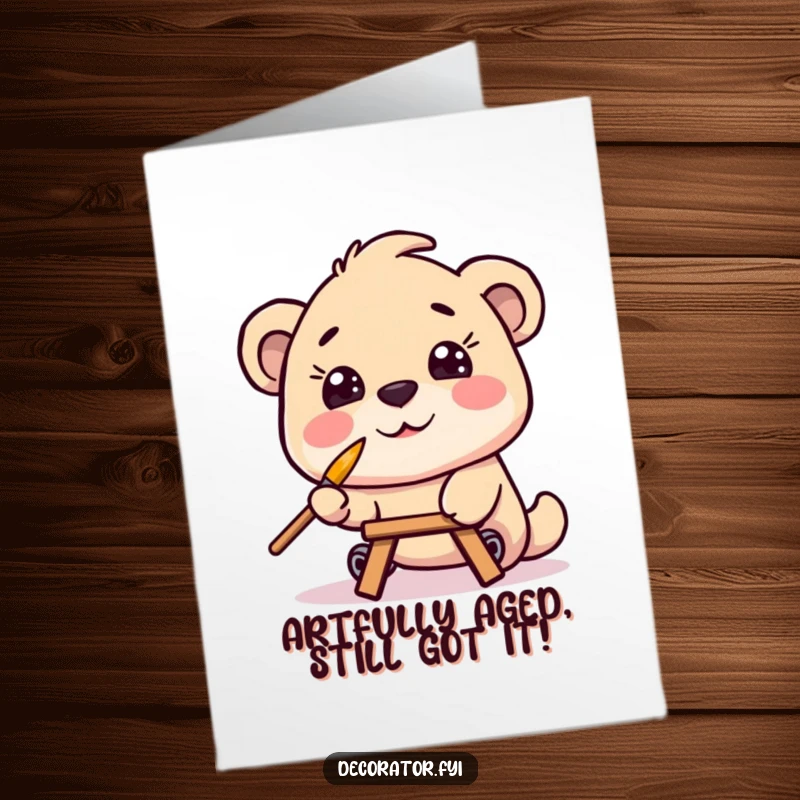 Funny Free Printable Birthday Card: Smiling character balances paintbrush on nose, meticulously painting.