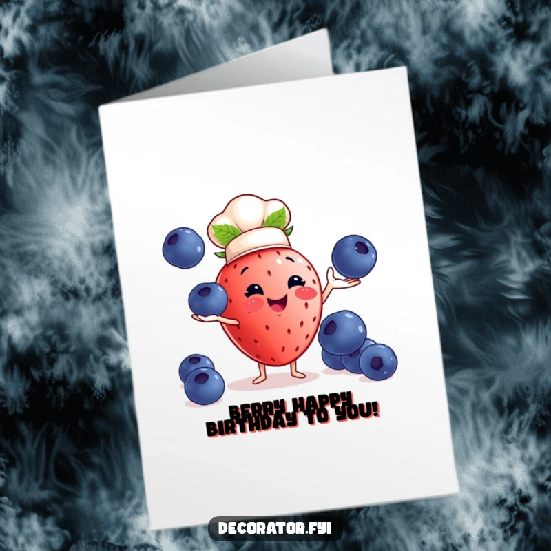 Funny Free Printable Birthday Card: A cheerful strawberry chef in a tiny hat juggles big blueberries with talent!