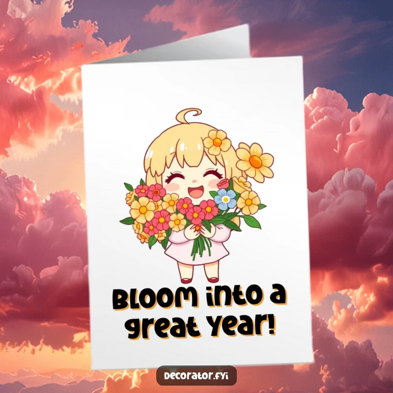 Funny Free Printable Birthday Card: Joyful character arranging a vibrant bouquet of bright flowers with a huge smile, a celebration in bloom.