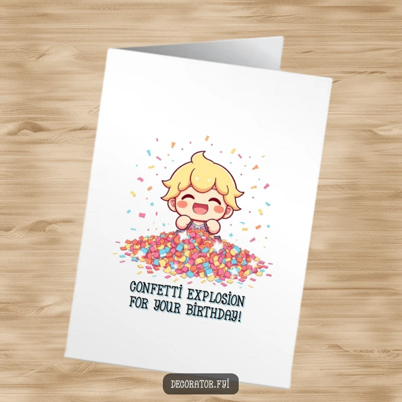 Funny Free Printable Birthday Card: A giggling character gleefully arranging a vibrant pile of shimmering confetti, ready to party.