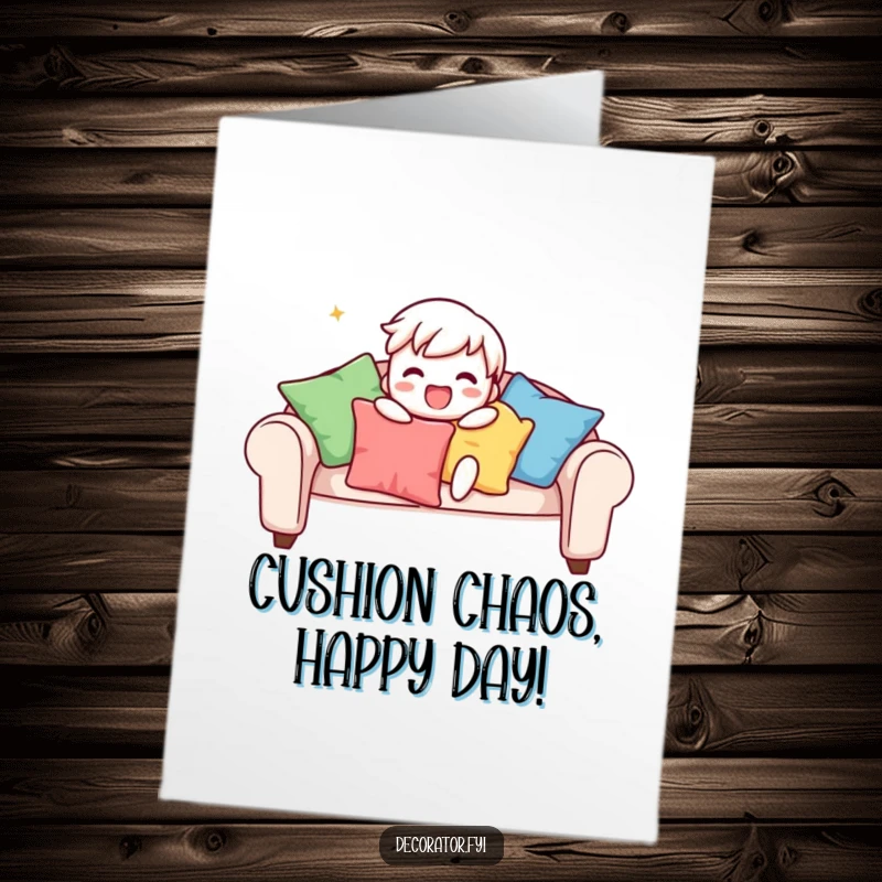 Funny Free Printable Birthday Card: Playful character gleefully arranges colorful cushions on a sofa.