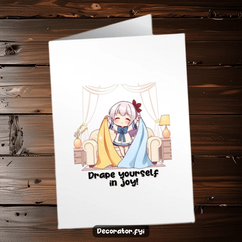 Funny Free Printable Birthday Card: Character gleefully draping shimmering fabric over furniture, a humorous take on interior design for a birthday.