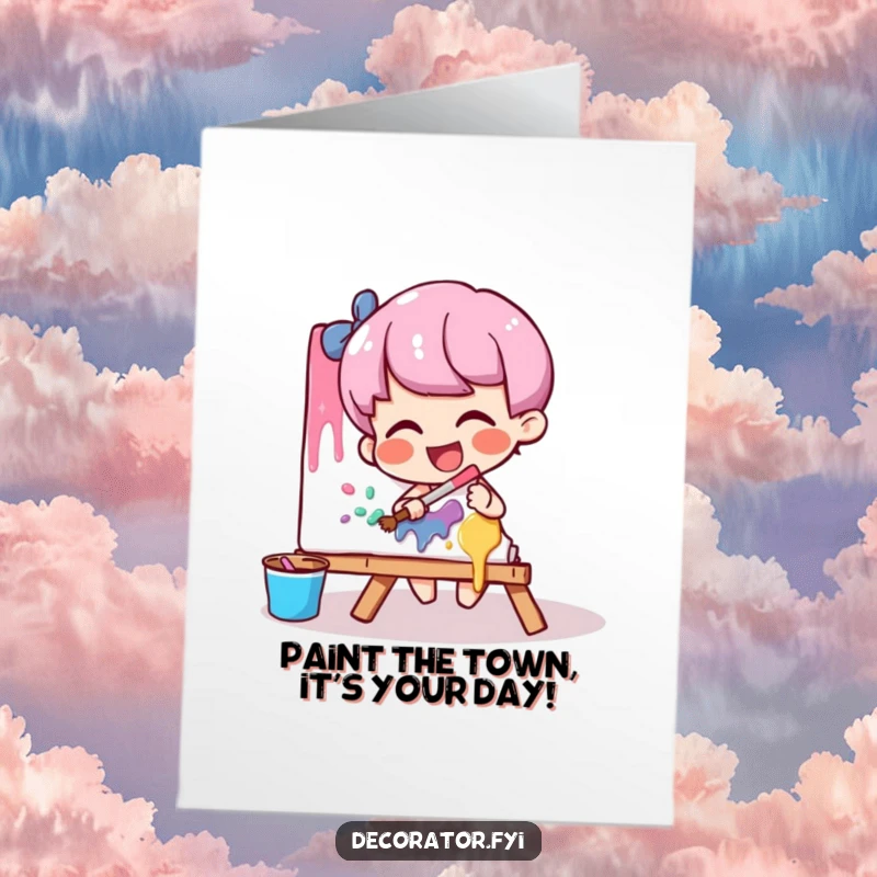 Funny Free Printable Birthday Card: A giggling character playfully smears paint on a canvas, celebrating.