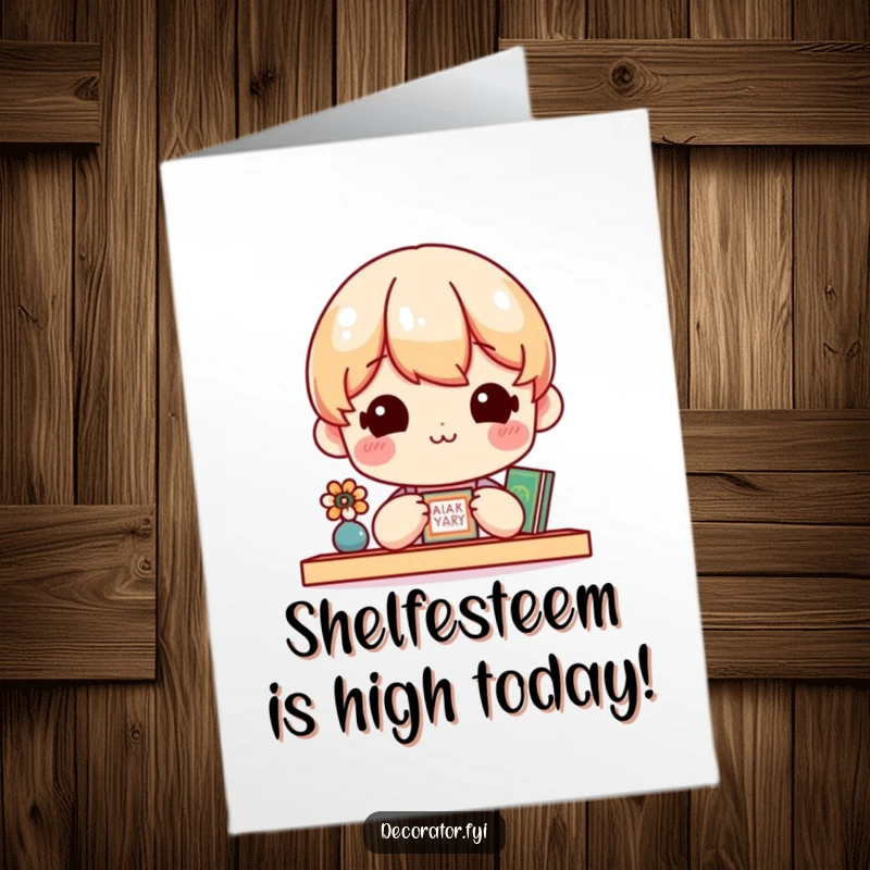 Funny Free Printable Birthday Card: Cheerful character beaming with pride while admiring a small, impeccably decorated shelf with tiny treasures.