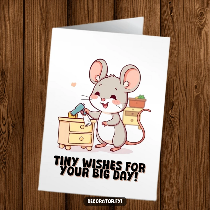 Funny Free Printable Birthday Card: Cheerful mouse diligently dusting tiny furniture, a sweet and humorous scene.