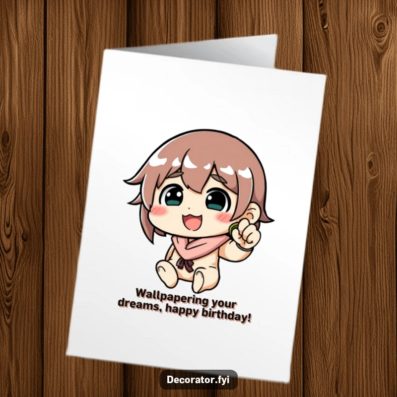 Funny Free Printable Birthday Card: Determined character grinning widely while carefully smoothing wallpaper onto a wall with focused enthusiasm.