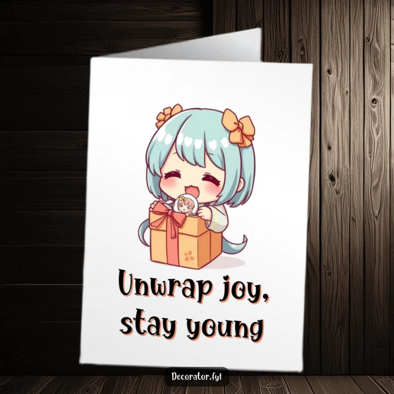 Funny Free Printable Birthday Card: Character excitedly unwraps a delicate figurine, revealing a funny surprise with delight.