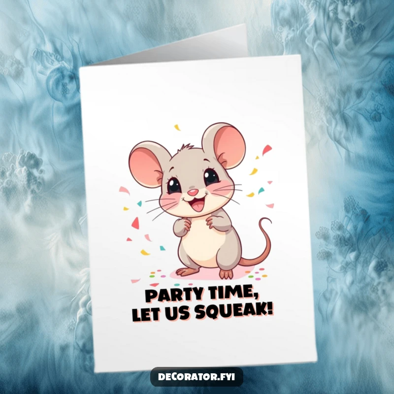 Funny Free Printable Birthday Card: A cheerful mouse throws confetti with a flourish, celebrating a birthday party.