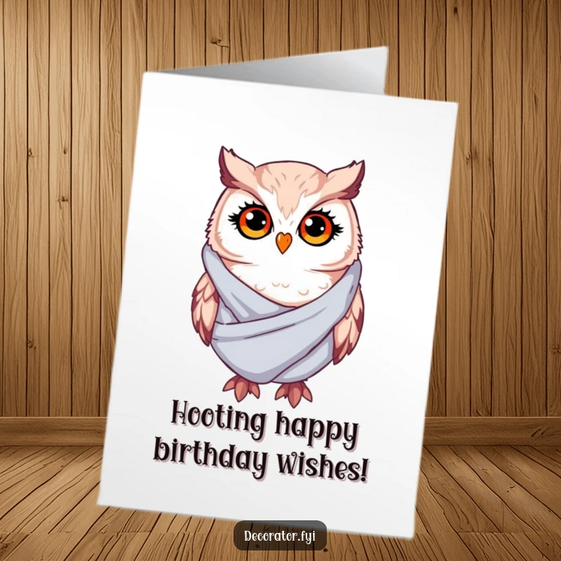 Funny Free Printable Birthday Card: Whimsical owl with twinkling eyes, drapes soft fabric with a playful wink.