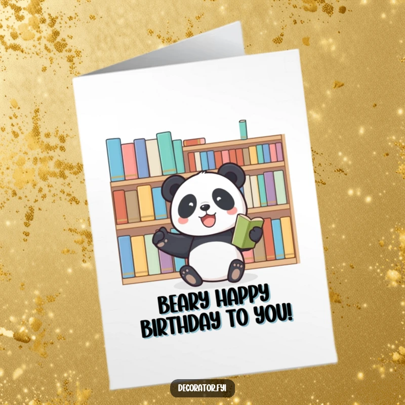 Funny Free Printable Birthday Card: A joyful panda enthusiastically stacks books, celebrating a birthday with literary fun.