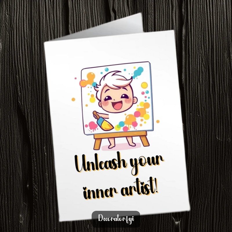 Funny Free Printable Birthday Card: A happy character gleefully splattering paint with a broad brush on a canvas.