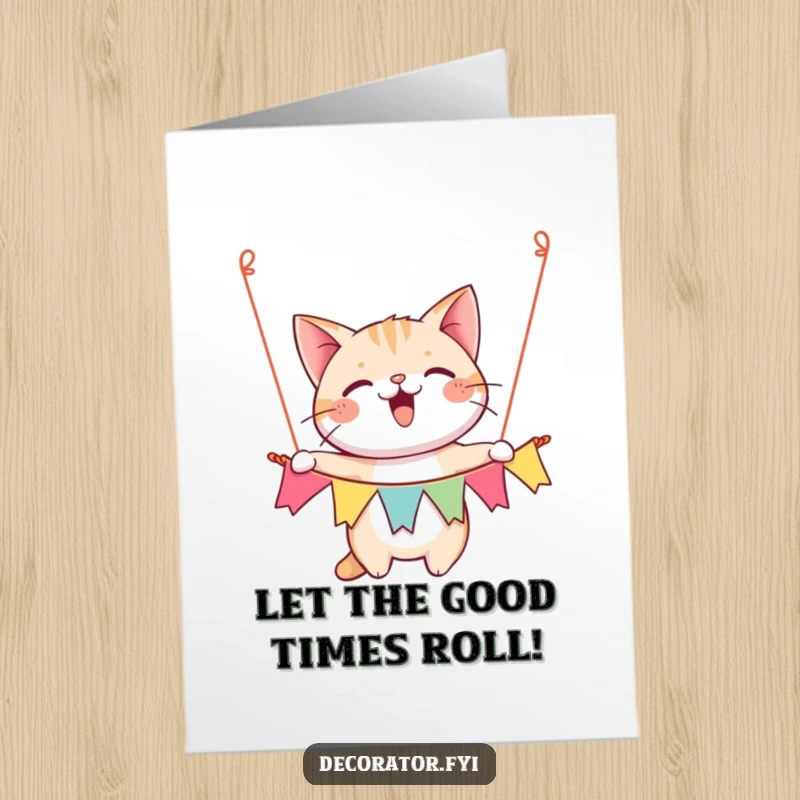 Funny Free Printable Birthday Card: A gleeful cat happily hangs a colorful, festive banner for a birthday celebration.