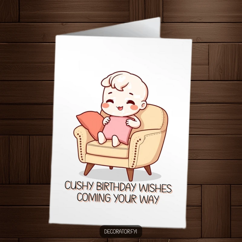 Funny Free Printable Birthday Card: Character meticulously placing cushions on a chic armchair, radiating joy for a birthday wish.
