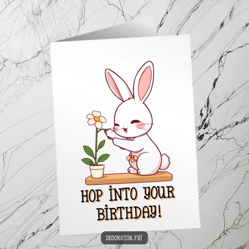Funny Free Printable Birthday Card: Perky rabbit carefully placing a delicate flower on a shelf, a gentle and sweet birthday greeting.
