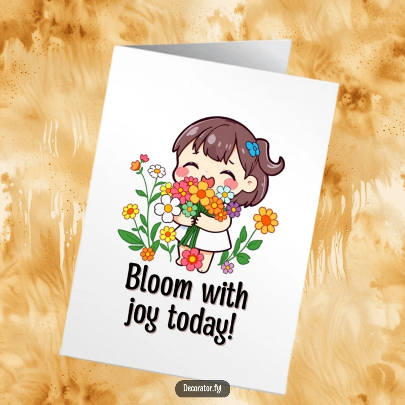 Funny Free Printable Birthday Card: A playful character joyfully arranging colorful flowers into a beautiful, vibrant bouquet.