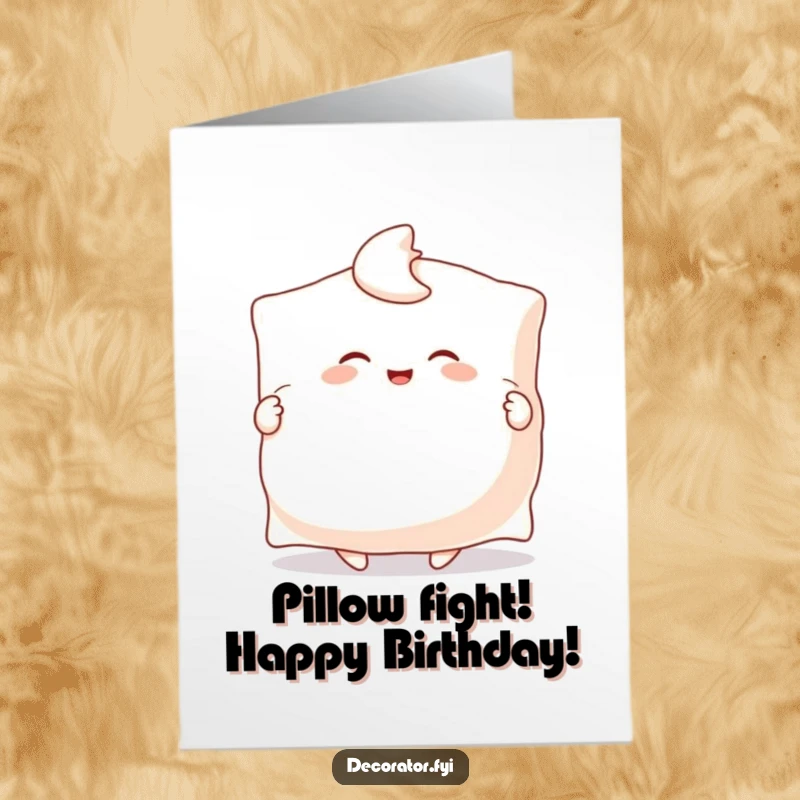 Funny Free Printable Birthday Card: Happy character joyfully fluffs a giant pillow with both hands.