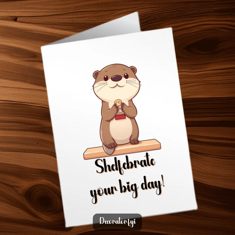 Funny Free Printable Birthday Card: Otter carefully places a tiny statue on a shelf, celebrating your special day.