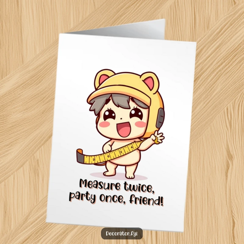 Funny Free Printable Birthday Card: Character uses a tape measure with exaggerated enthusiasm for a humorous DIY gift.