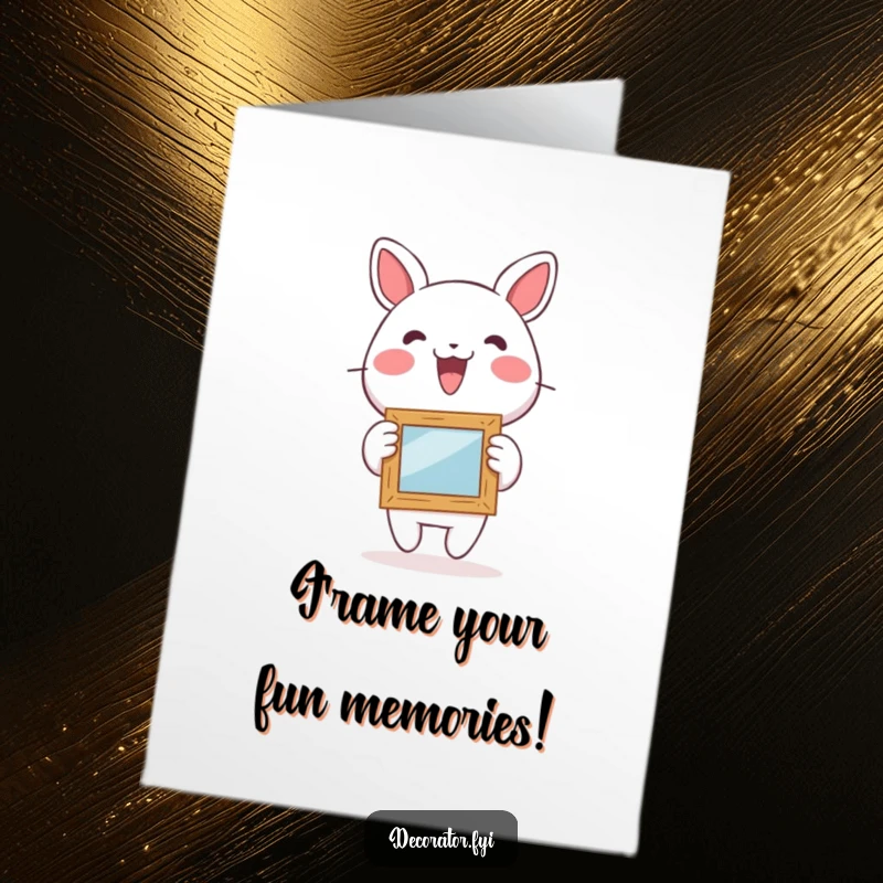 Funny Free Printable Birthday Card: Energetic character joyfully hangs a whimsical picture frame, spreading birthday cheer.