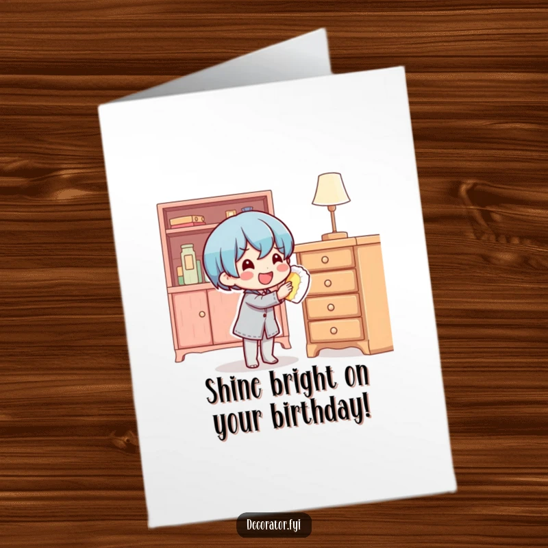 Funny Free Printable Birthday Card: A content character happily polishing shiny furniture, radiating joy. Birthday wishes!