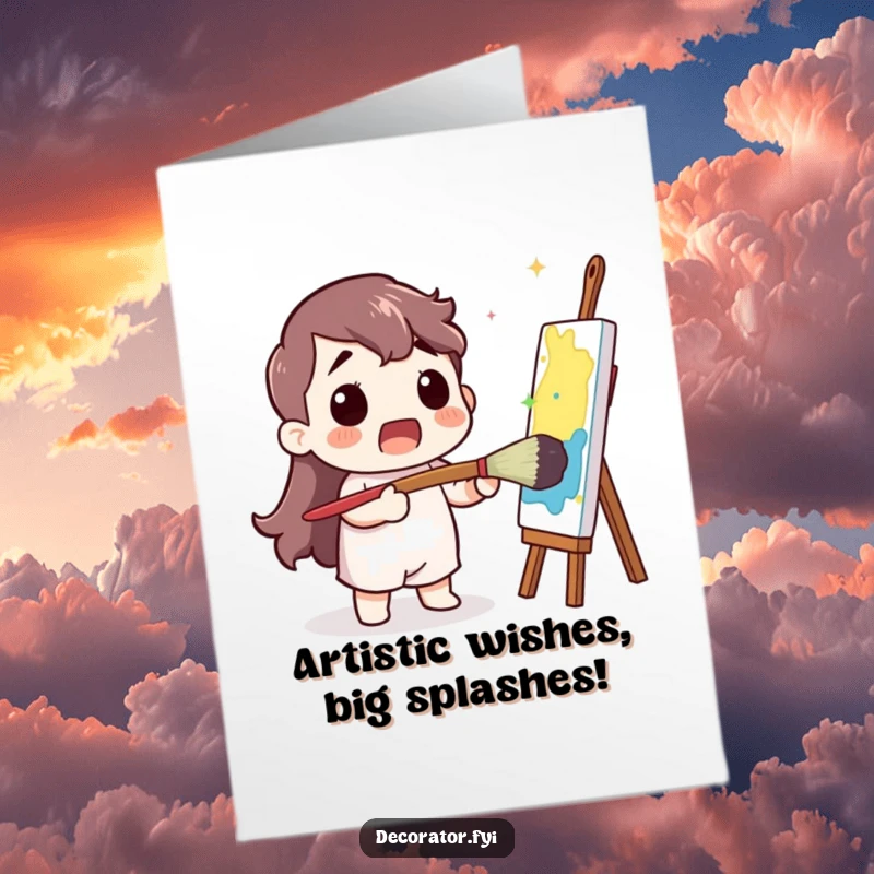 Funny Free Printable Birthday Card: Surprised painter with giant brush adding colorful splash, a truly comical DIY gift.