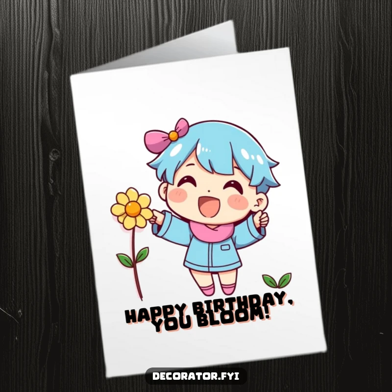 Funny Free Printable Birthday Card: A cheerful character enthusiastically decorates a wall with a small flower, celebrating a birthday with charm.