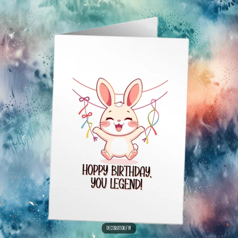 Funny Free Printable Birthday Card: Joyous rabbit character energetically bouncing while hanging colorful streamers, ready for celebration.