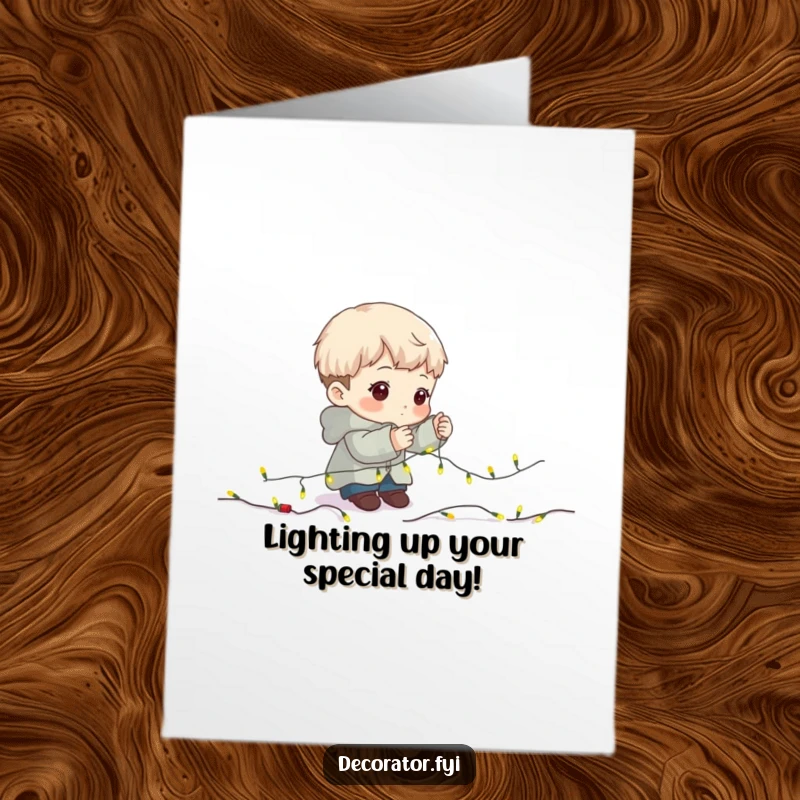 Funny Free Printable Birthday Card: A focused character meticulously stringing tiny fairy lights onto a garland, preparing for celebration.