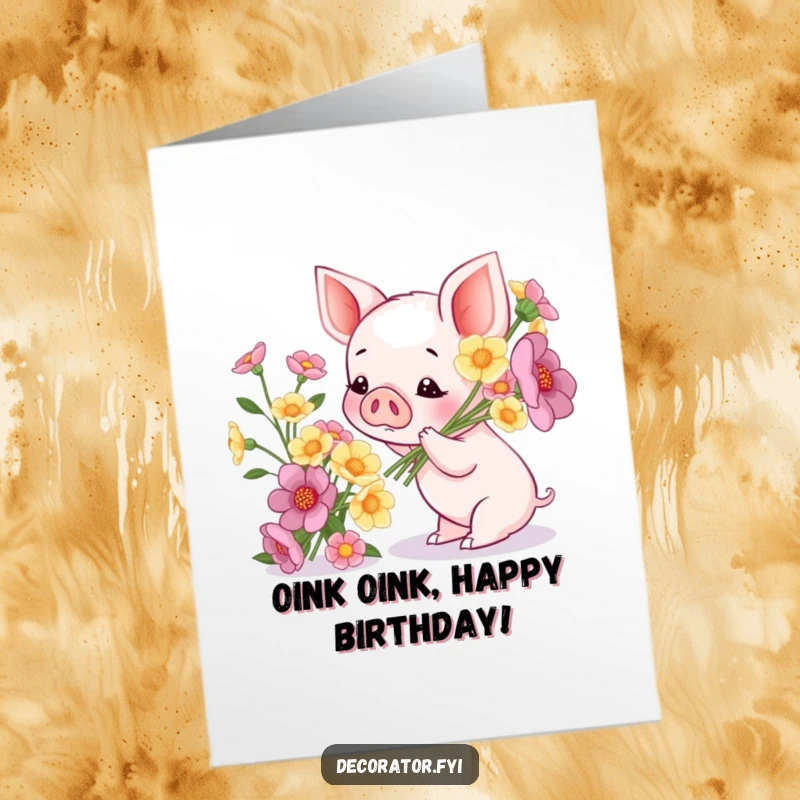 Funny Free Printable Birthday Card featuring a cute piglet happily admiring a large, colorful bouquet of flowers.