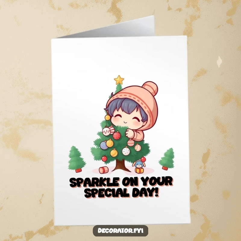 Funny Free Printable Birthday Card: Playful character adorning a small tree with tiny glittering ornaments, a festive and humorous design.
