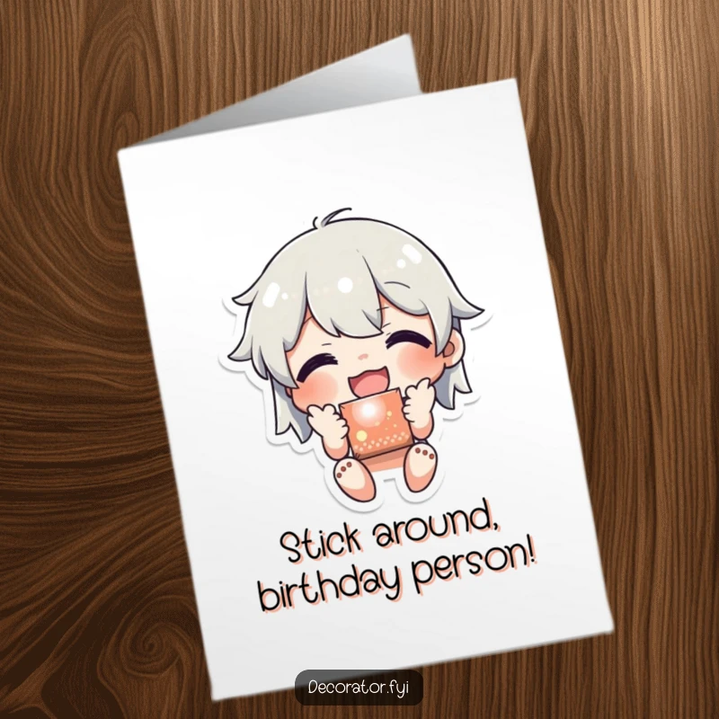 Funny Free Printable Birthday Card: Character joyfully applies a shiny sticker to a surface with a happy, satisfied expression.