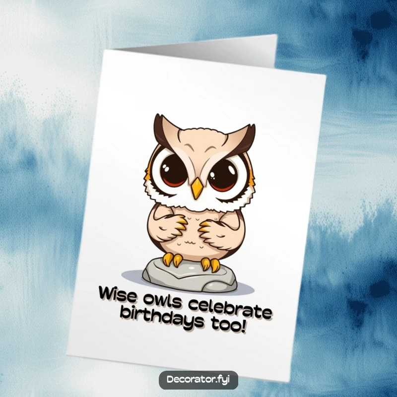 Funny Free Printable Birthday Card: Determined owl meticulously places tiny statue, perfect for a humorous DIY gift.