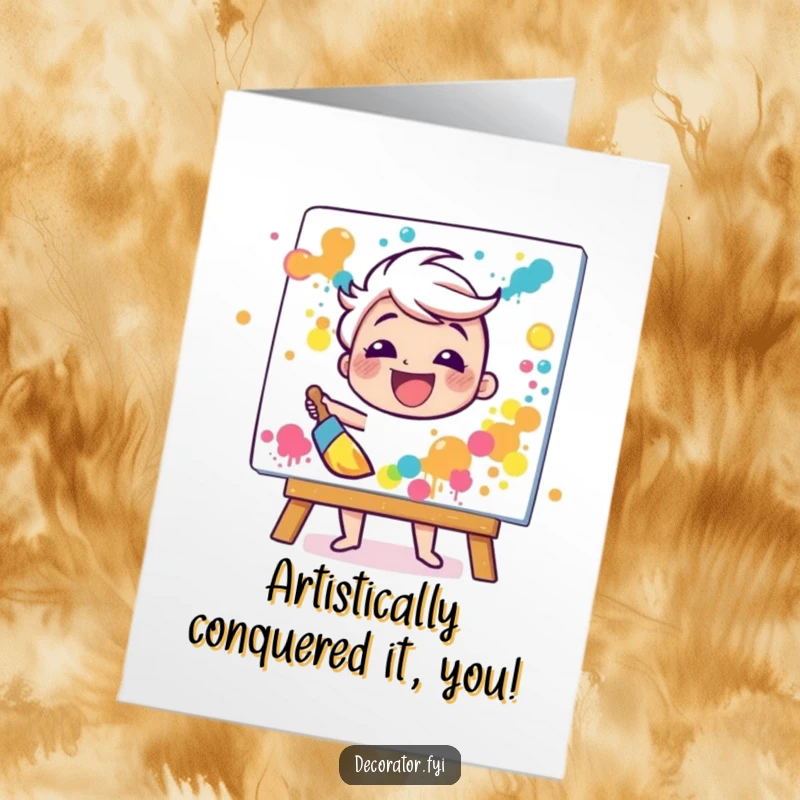 Funny Free Printable Congratulations Card: A happy character gleefully splattering paint on a canvas, celebrating success.