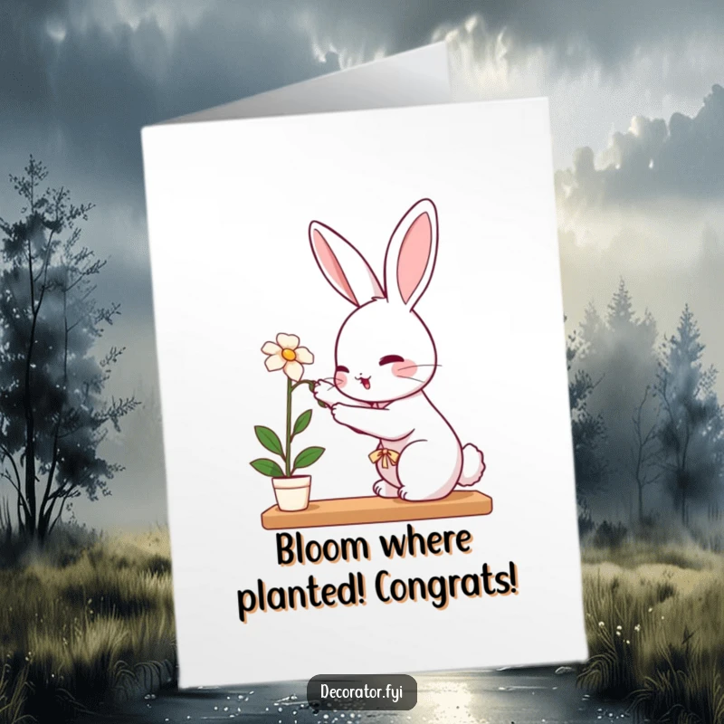Funny Free Printable Congratulations Card: Perky rabbit carefully placing a delicate flower on a shelf, a sweet symbol of accomplishment.