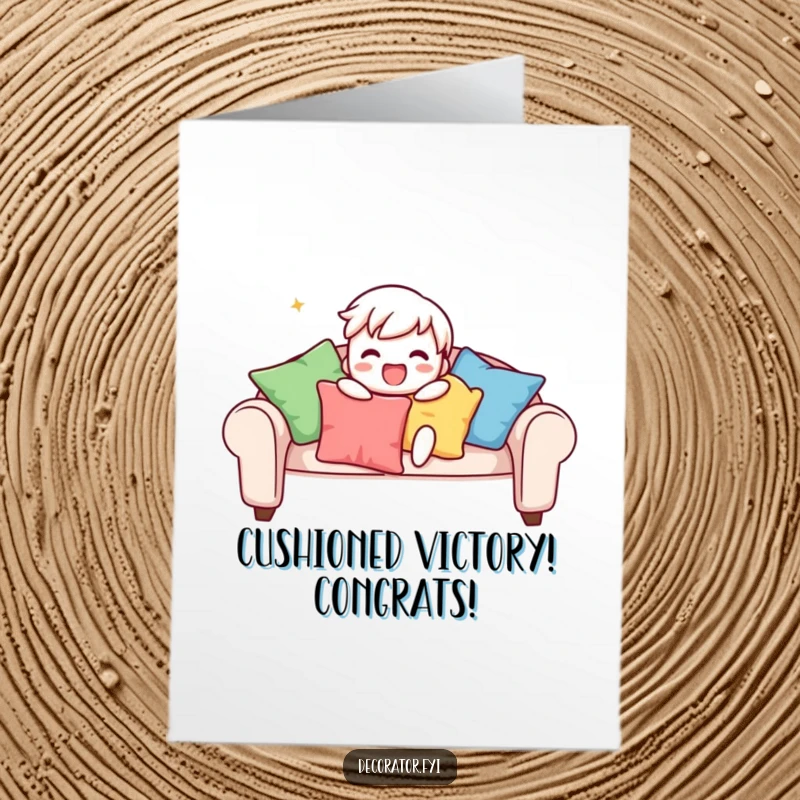 Funny Free Printable Congratulations Card: Character gleefully arranges colorful cushions on a sofa.