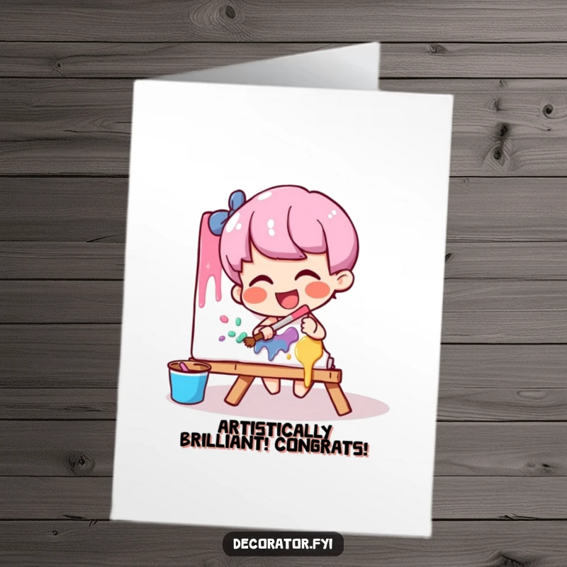 Funny Free Printable Congratulations Card: A giggling character smears paint on a canvas, celebrating accomplishment.