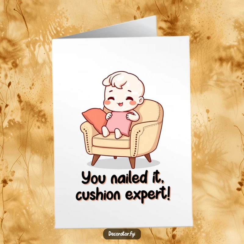 Funny Free Printable Congratulations Card: Character cheerfully arranging cushions, celebrating your magnificent achievement with style.